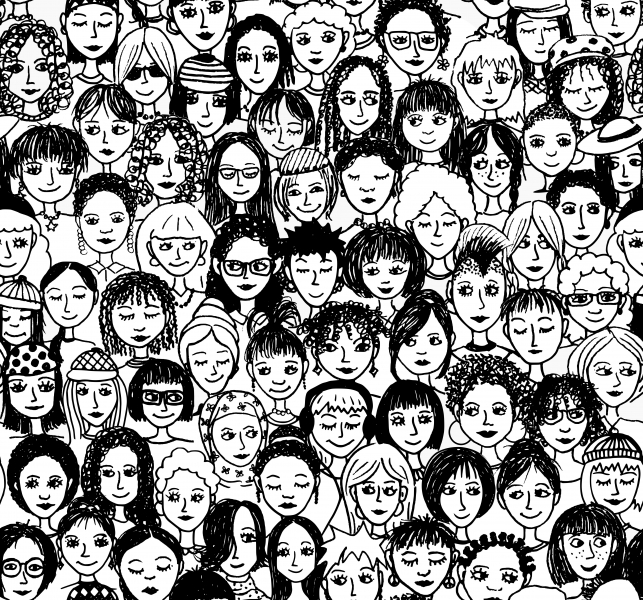 Image of many sketched female faces.