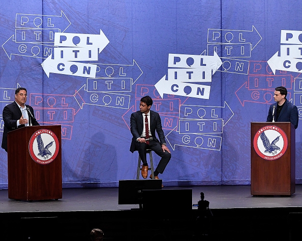 Cenk Uygur, Steven Olikara, and Ben Shapiro at the 'Cenk Uygur vs. Ben Shapiro' panel during Politicon .