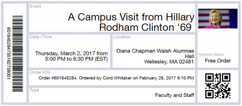 Electronic ticket for Hillary Clinton event at Wellesley College in March