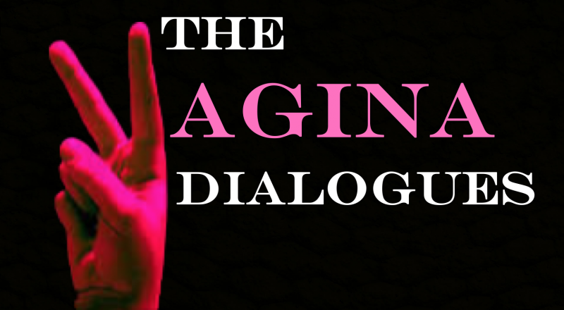 Peace sign hand and words: The Vagina Dialogues