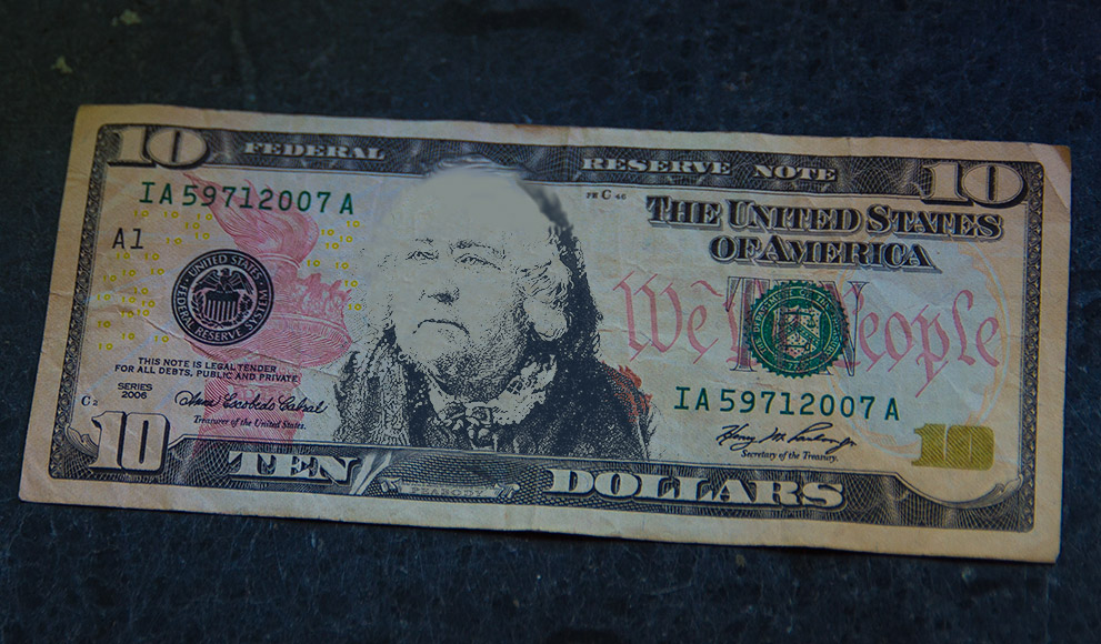 A $10 with the face of Education Reformer Elizabeth Peabody superimposed