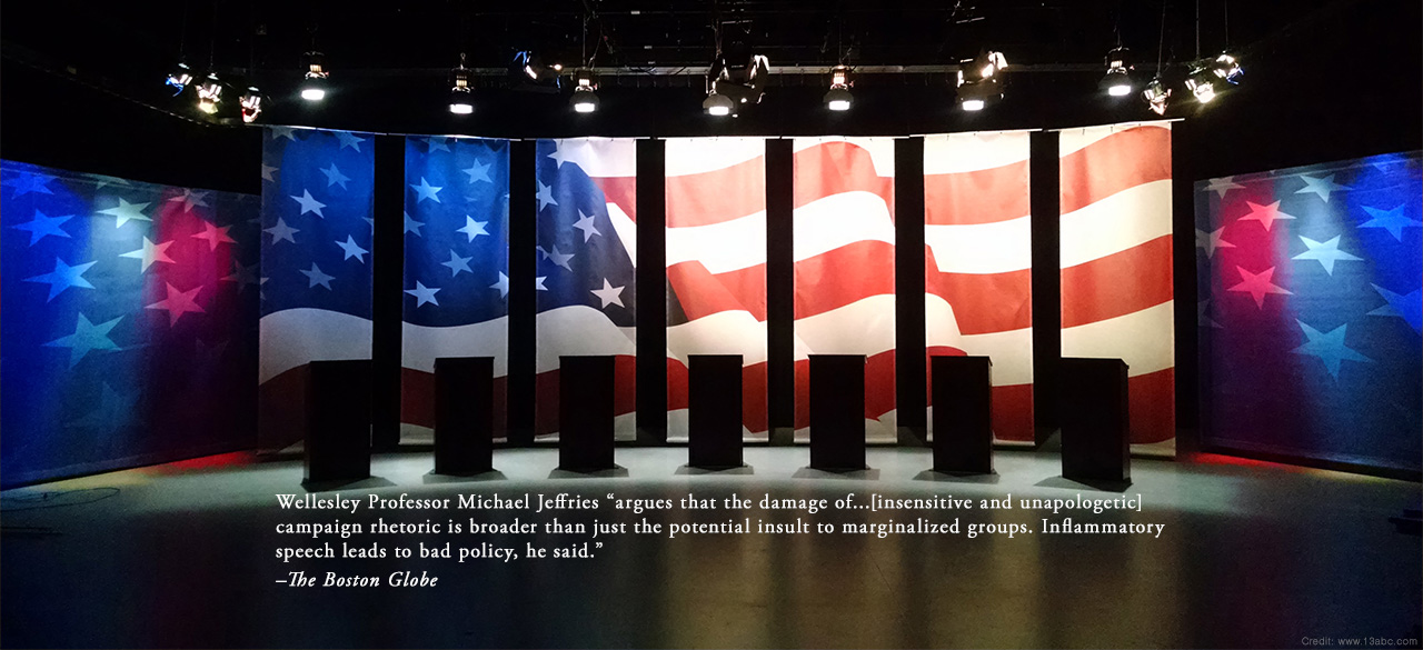 Political debate stage with quoted text overlaid