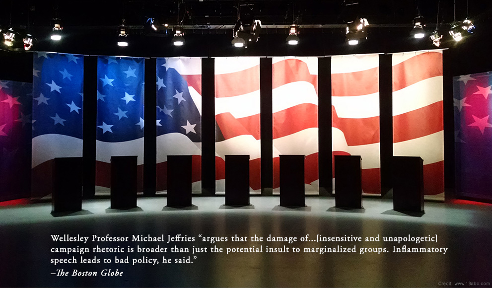 Political debate stage with quoted text overlaid