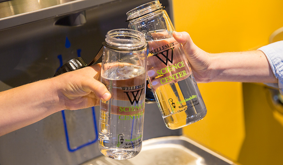 Reusable water bottles filled at new Wellesley Science Center hydration stations