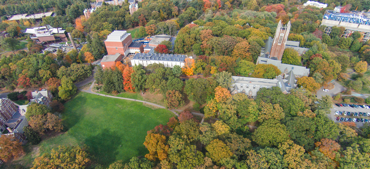 An aerial shot of the Wellesley College campus in the fall