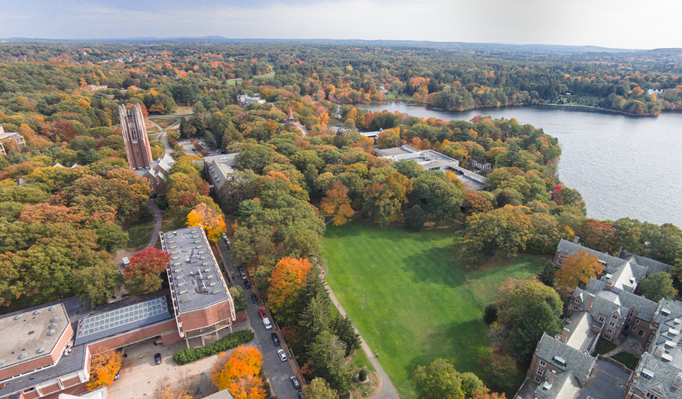 An aerial shot of the Wellesley College campus in the fall