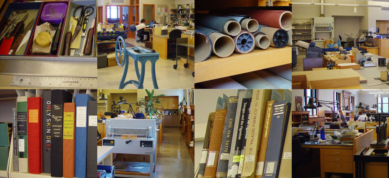 a collection of book repair images from Wellesley's Conservation Facility