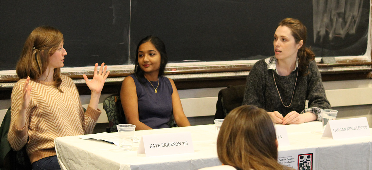 Kate Erickson '05, Langan Kingsley '08 and Broti Gupta '16 engage in a panel discussion about creative writing