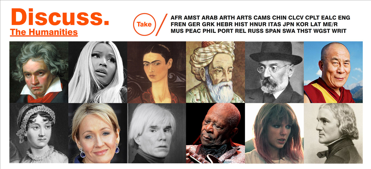 Collage of pictures of authors, poets, singers and more captioned "Discuss the Humanities"