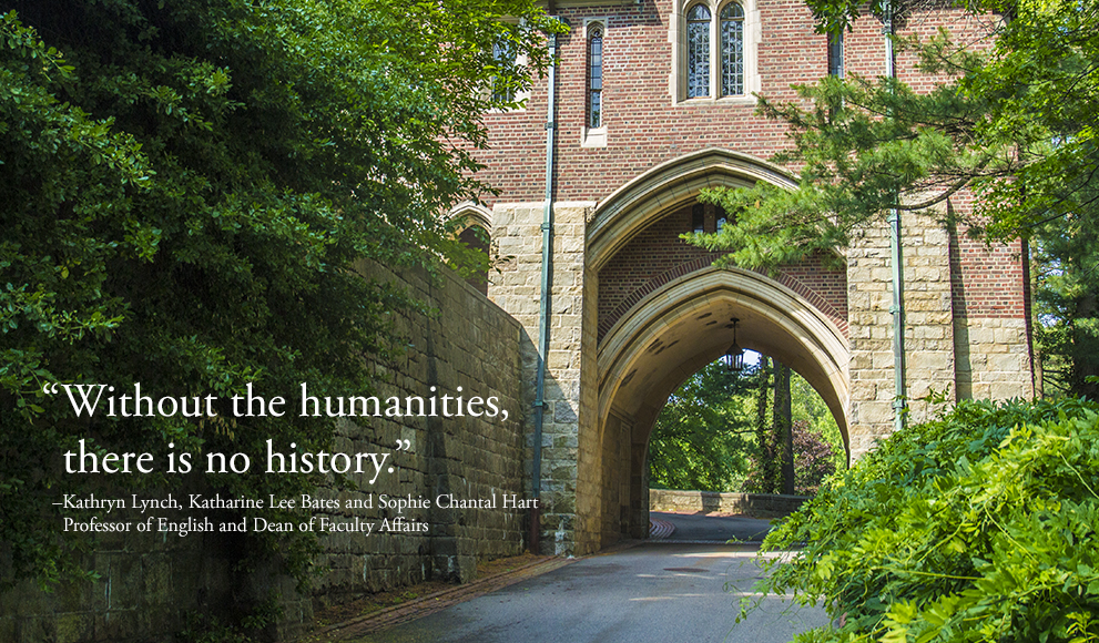 A stone arch on the Wellesley Campus with an overlaid quote by Wellesley Dean and Professor Kathryn Lynch
