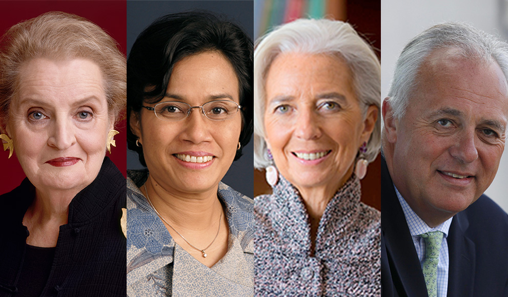 Four panel photo includes Madeleine Albright '59, Sri Mulyani Indrawati,  Christine Lagarde and Mark Malloch-Brown