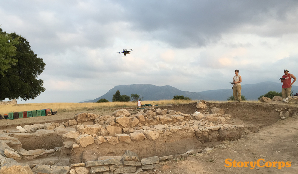 Professor Bryan Burns and Kaylie Cox '18 fly a drone in Greece