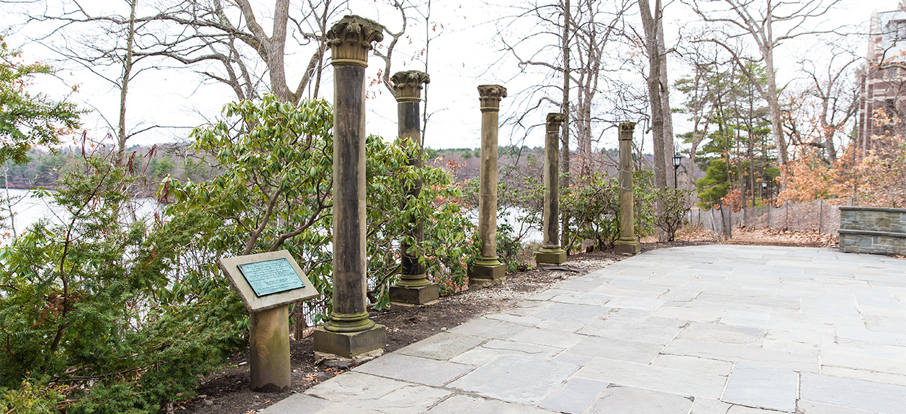 Pillars from Wellesley's old College Hall stand in Tower Court