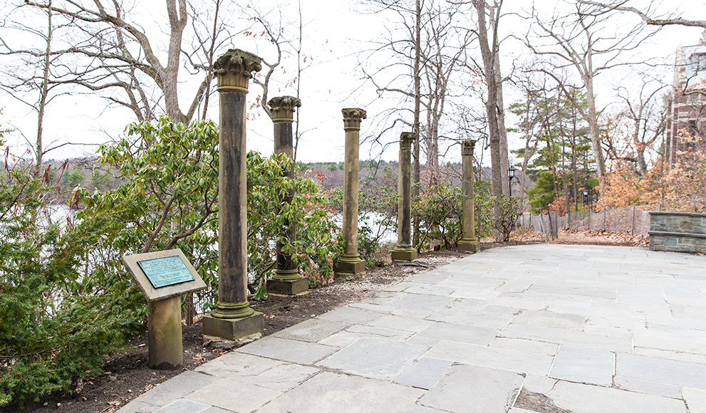 Pillars from Wellesley's old College Hall stand in Tower Court