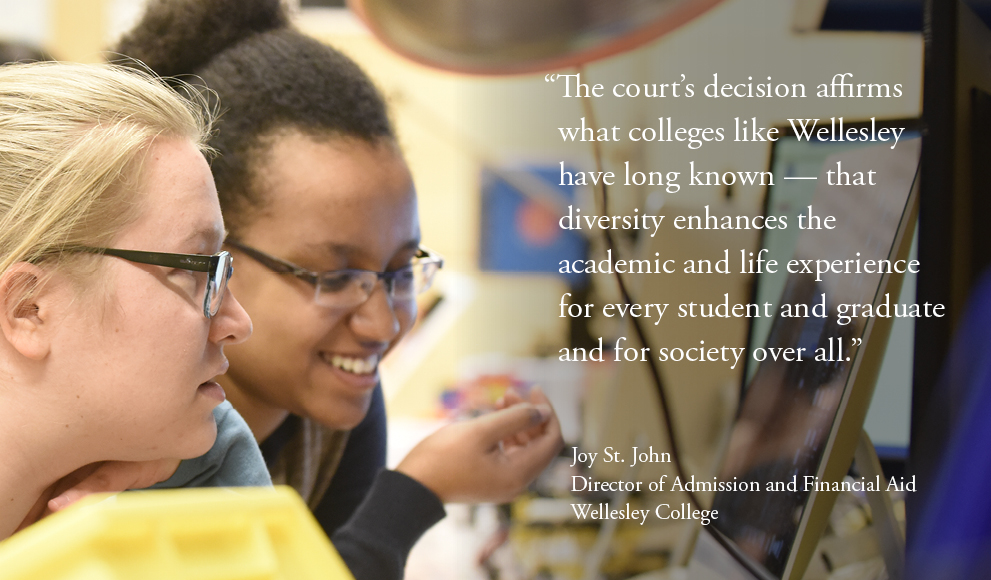 Photo of two students, a quote from Wellesley Dean of Admissions Joy St. John is overlaid