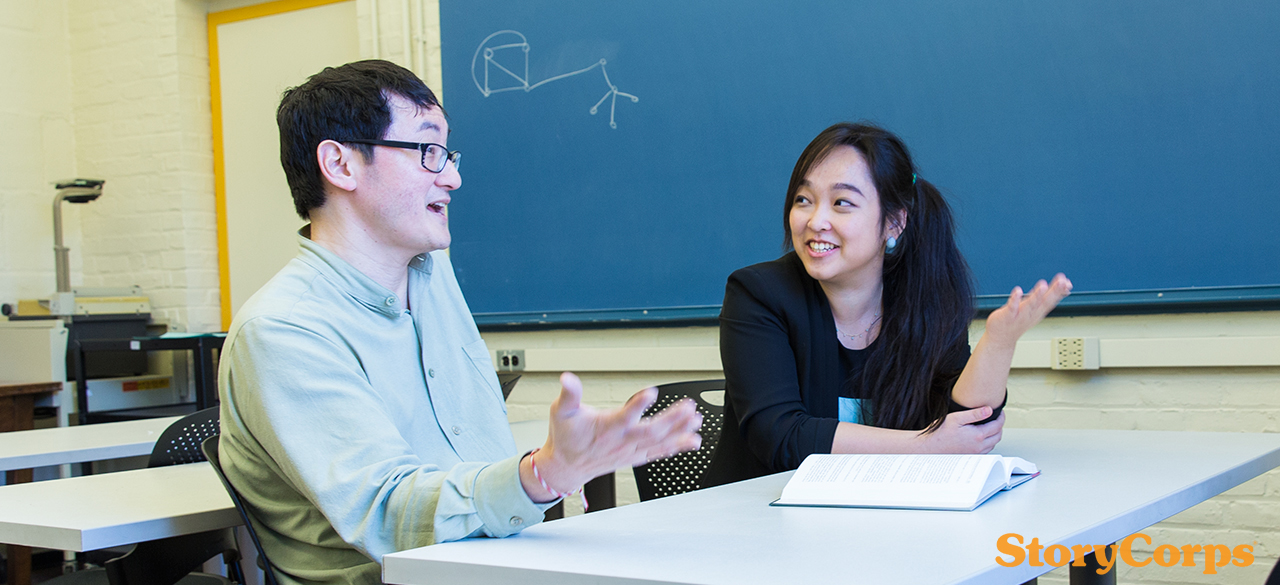 StoryCorps interview subjects Xi Xi '17 and Professor Stanley Chang converse in a Wellesley classroom