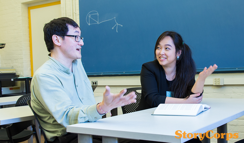 StoryCorps interview subjects Xi Xi '17 and Professor Stanley Chang converse in a Wellesley classroom