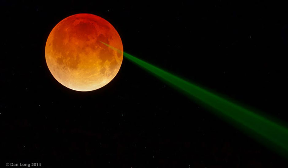 green laser light hitting moon, photo by Dan Long