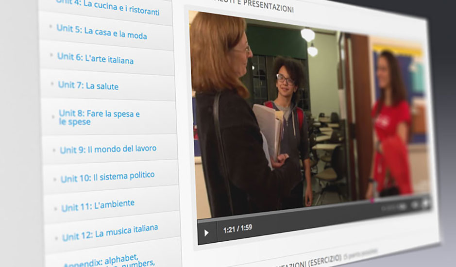 screen shot from Wellesley's Italian Online course, showing video scene
