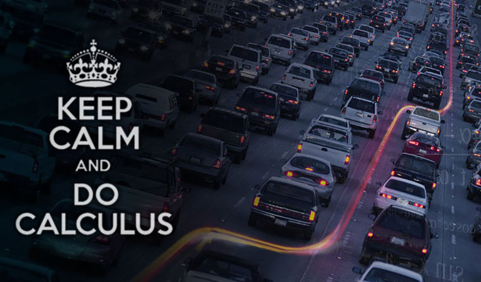 the words "keep calm and do calculus" superimposed on a traffic snarl