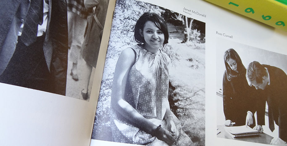 photo of yearbook page with Janet (McDonald) Hill photo