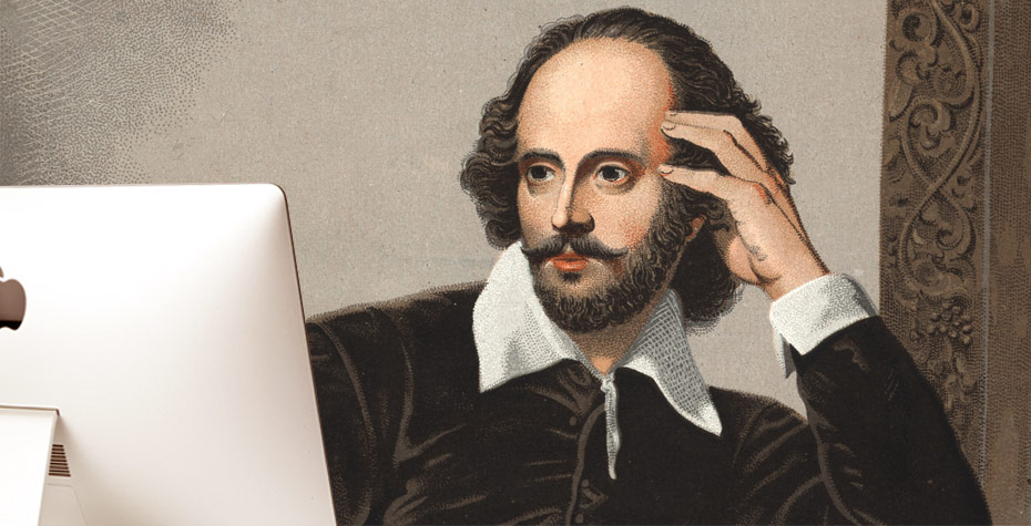 drawing of shakespeare studying computer screen