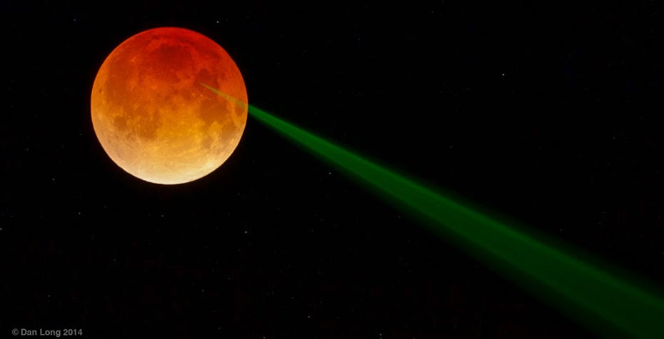 green laser light hitting moon, photo by Dan Long