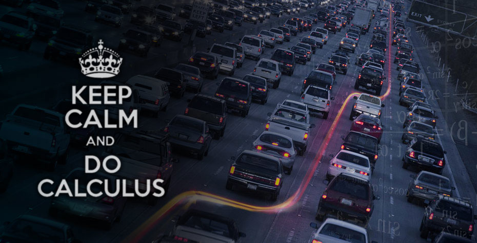the words "keep calm and do calculus" superimposed on a traffic snarl