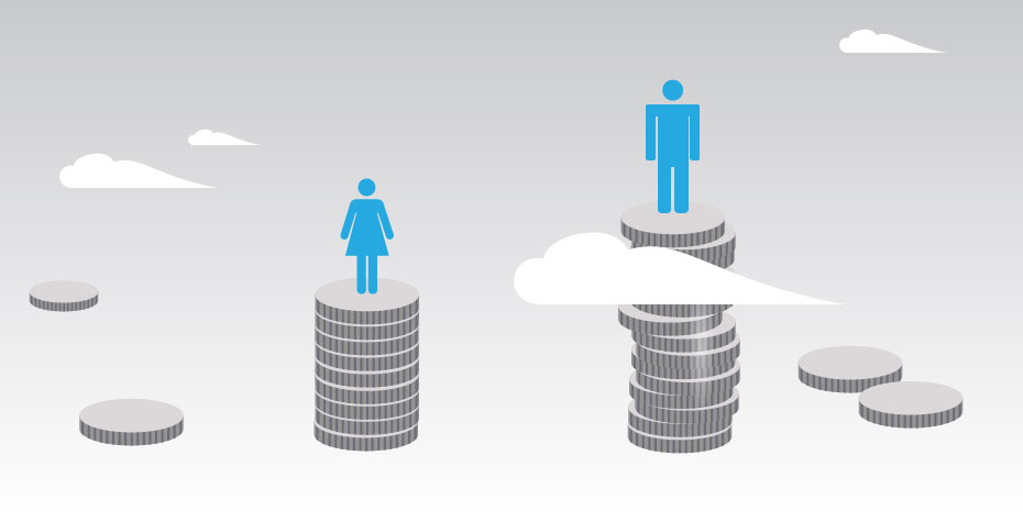 graphic showing woman on small pile of money, man on large pile