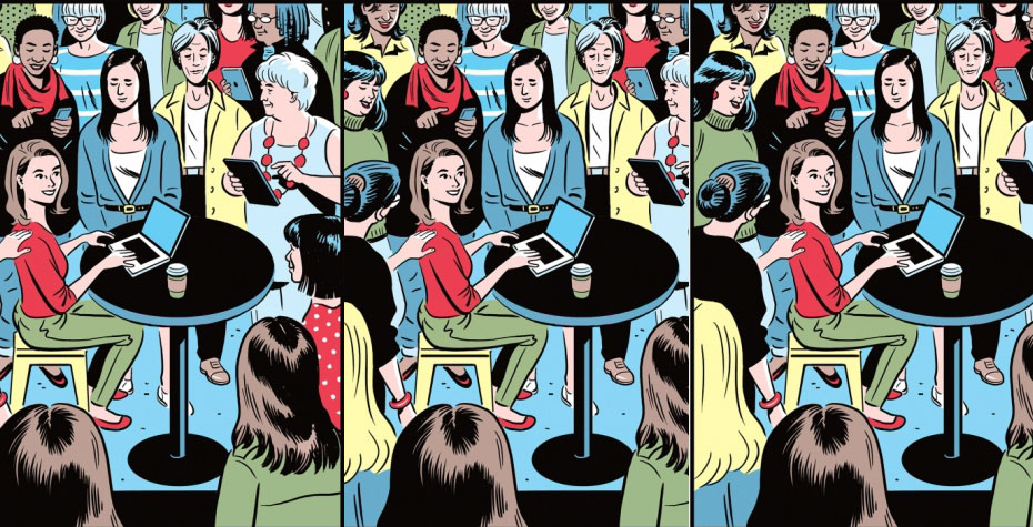 three repeats of cartoon: woman at laptop surrounded by helpful women