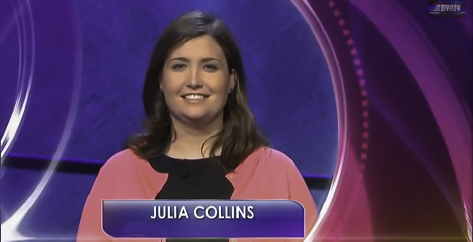 screenshot of Julia Collins '05 on TV game show Jeopardy!