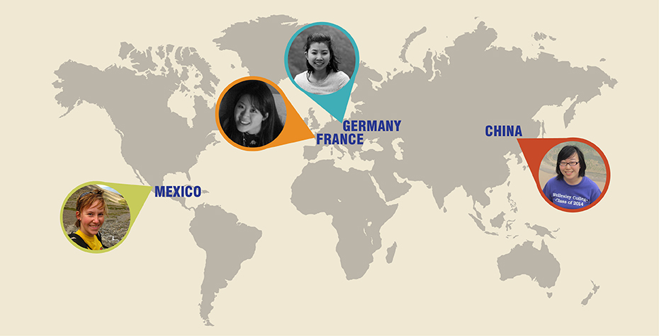 world map with Wellesley Fulbright winner's faces tagged to the country they will serve