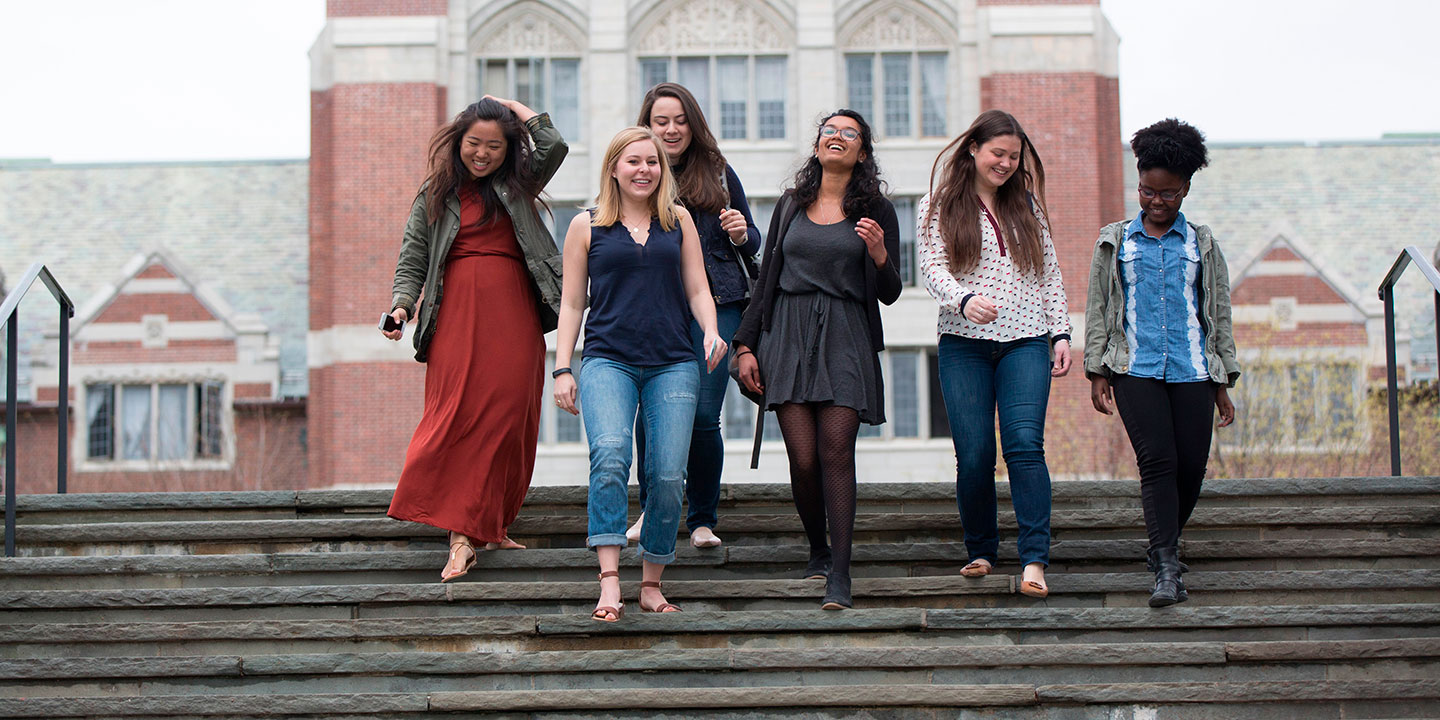 Students walking down the steps outside of Tower Hall