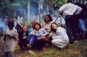 wintersession students by a campfire in Jamaica