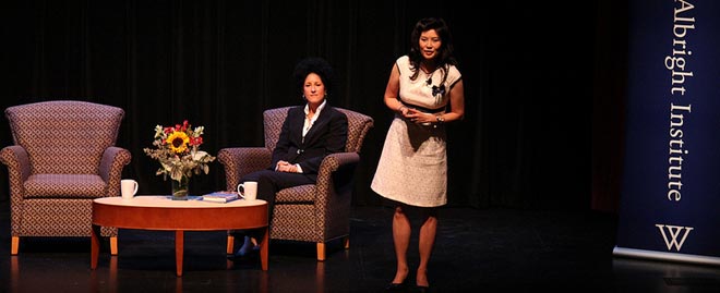 Sheryl WuDunn and Layli Maparyam on stage at Wellesley