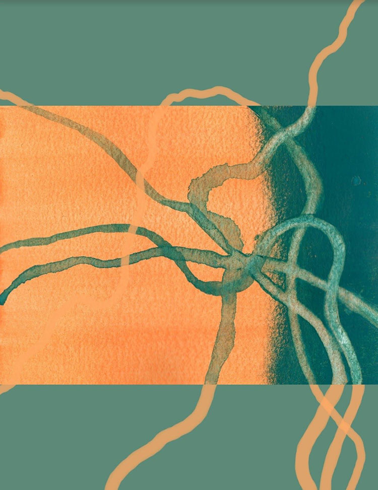 green print with orange and dark green central rectangle, green and orange squiggles