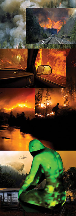 composite image of forest fires with seated figure with green light projected onto body