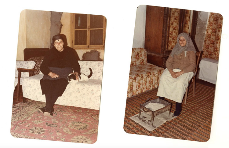 two vintage photographs of people sitting on furniture in rooms with lots of richly patterned fabrics; the person at left has a black and white cat; the person at right sits in front of a small drawer on legs with pale material in it