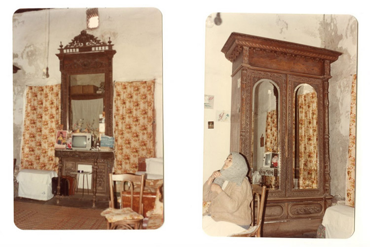 two vintage photos showing cream and red patterned textiles hanging next to ornate mirrored pieces of wooden furniture