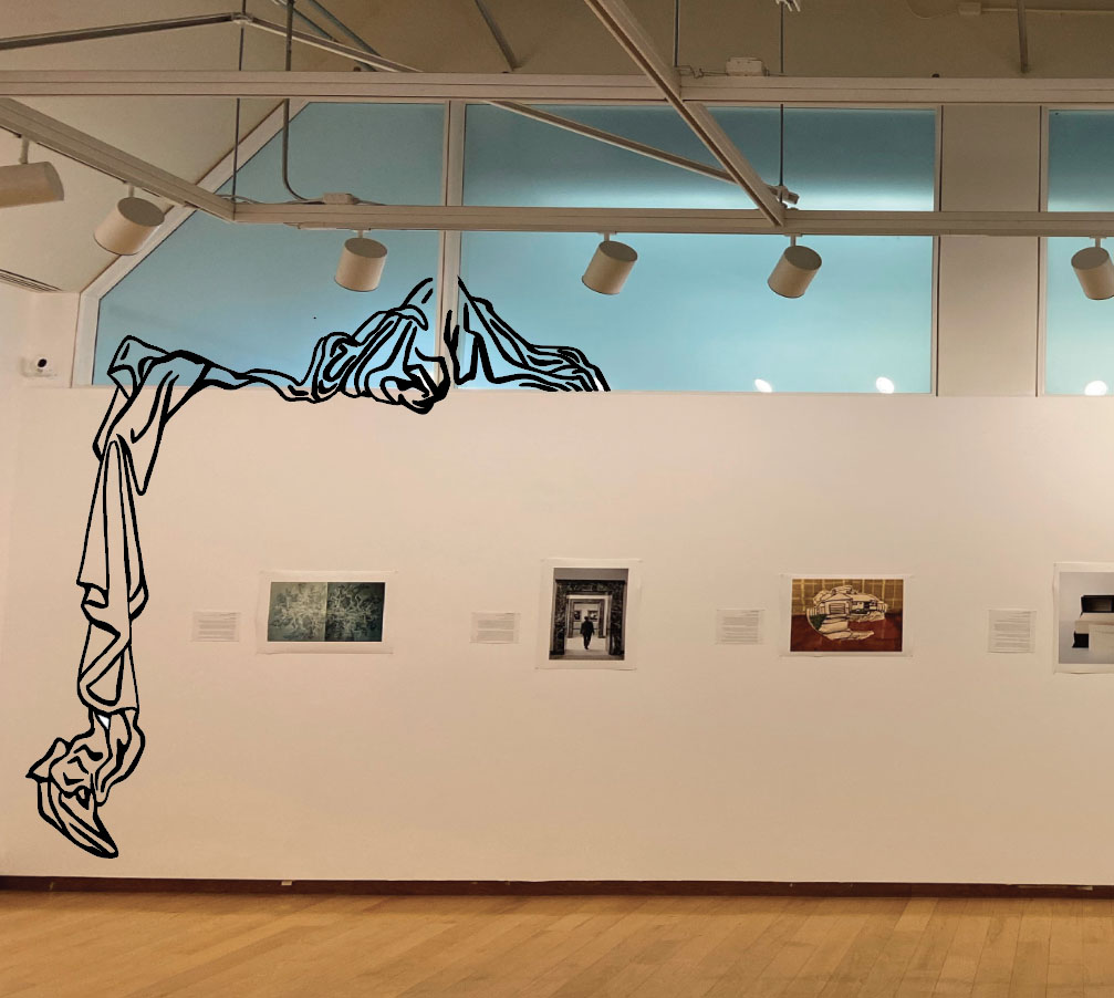 digital mockup of a black line drawing of falling fabric on gallery windows and wall