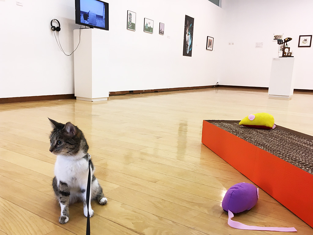 cat on a leash next to sculpture in the Jewett Art Gallery
