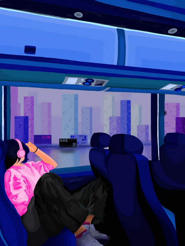 digital painting of a person in a subway car looking out the window at a city