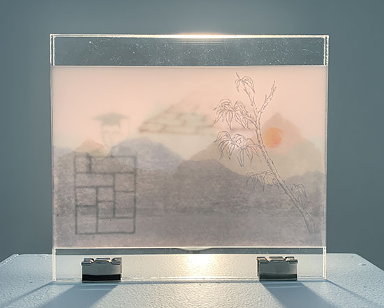 layered drawings in clear plexi, light shining through from behind