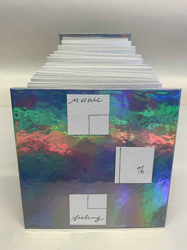 an accordion book seen on end, showing the rainbow-paper-covered front cover with the title 'mosaic of feeling' on it