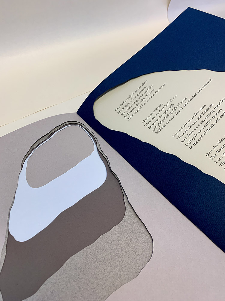 book spread, layered oyster-shaped cutouts in shades of brown and tan at left, a dark blue oyster-shaped cutout with text inside at right