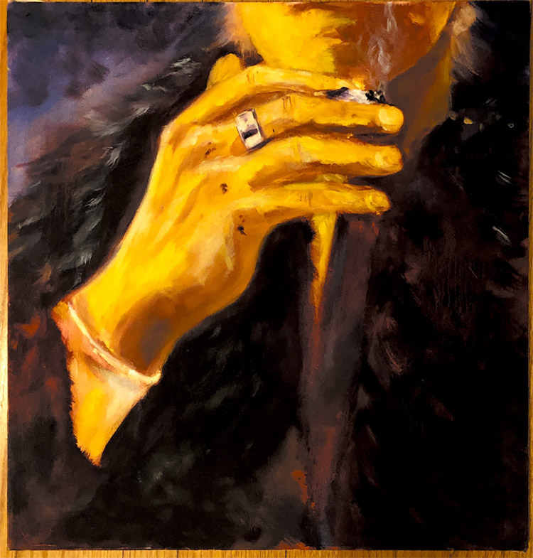 painting of a person wearing a fur collar or stolehand, their hand in front holding a smoking cigarette