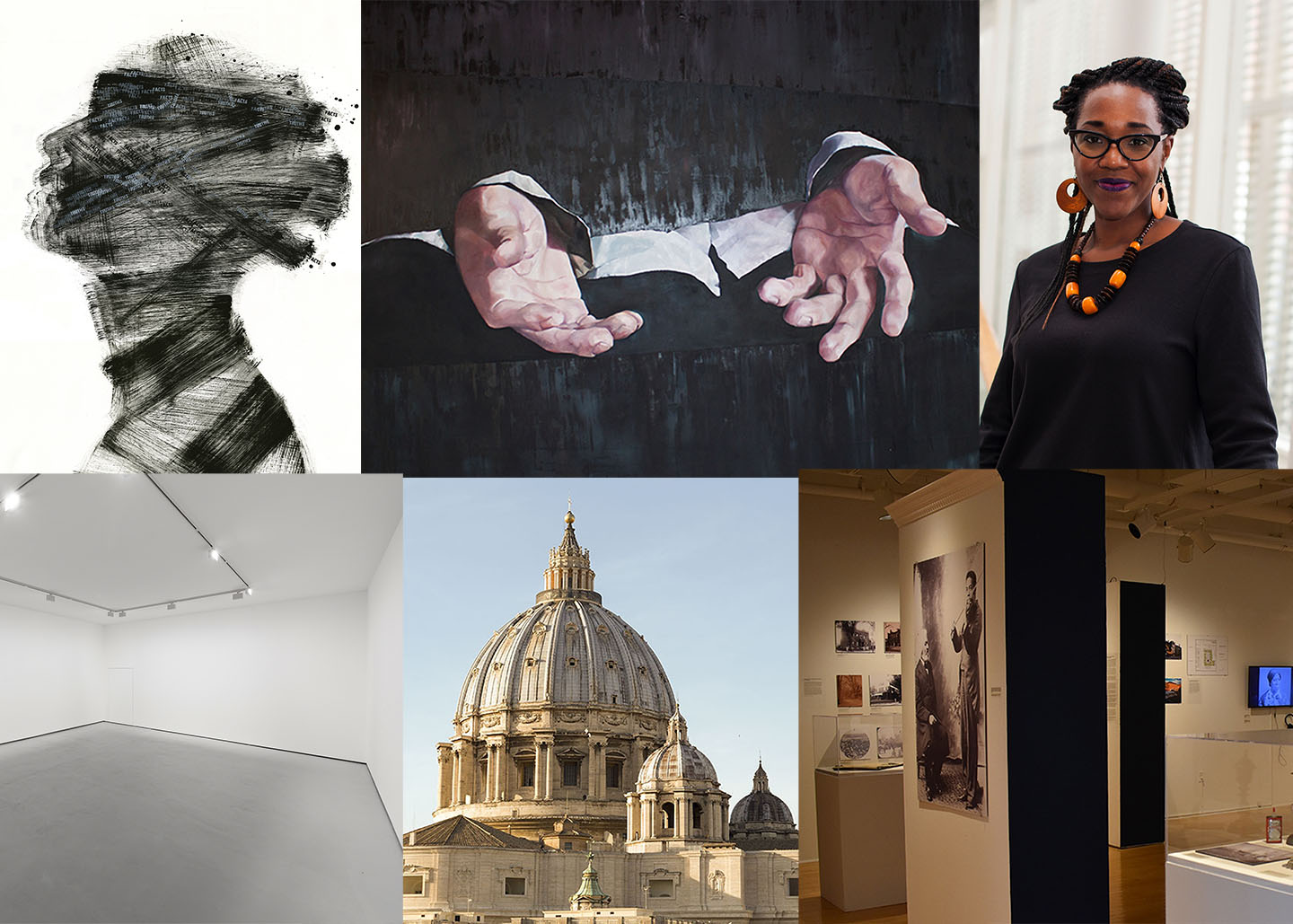 collage of images: woman in profile made up of black ink marks; painting of two hands with black background; head shot of Nikki Greene; empty gallery space; photo of St. Peter's Basilica dome; photo of gallery exhibition