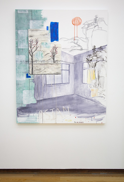 large painting in gallery, layered imagery of landscapes and purple interior mixed with abstraction and faux blue tape; word 'ASIAN' and a number along bottom edge of the canvas