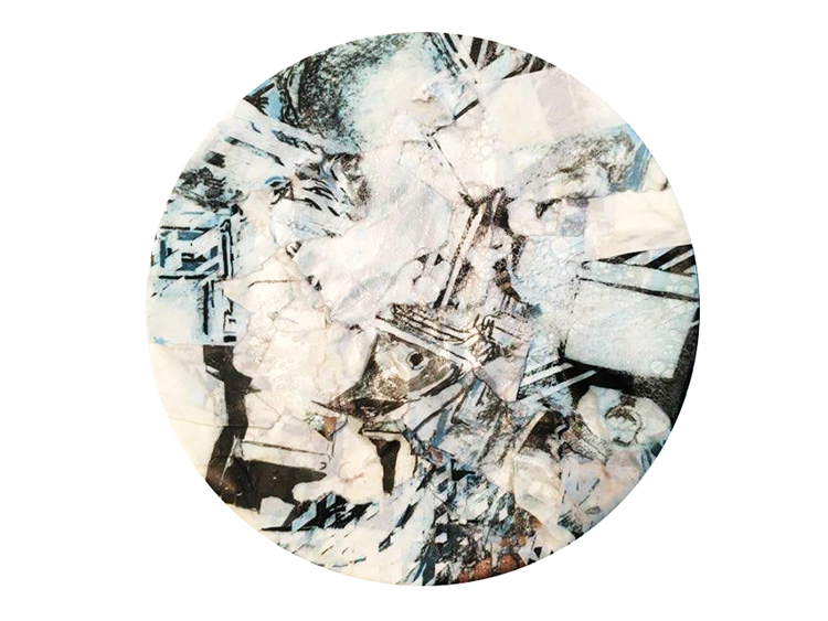 circular print with white, shades of light blue, and black line