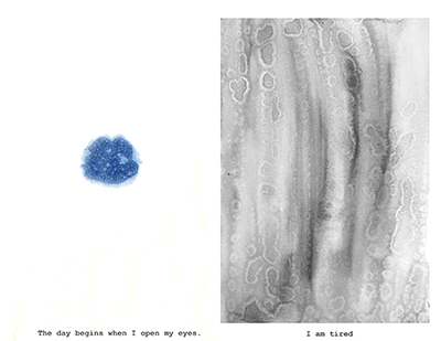 print with blue spot on the left side, gray wash on the right